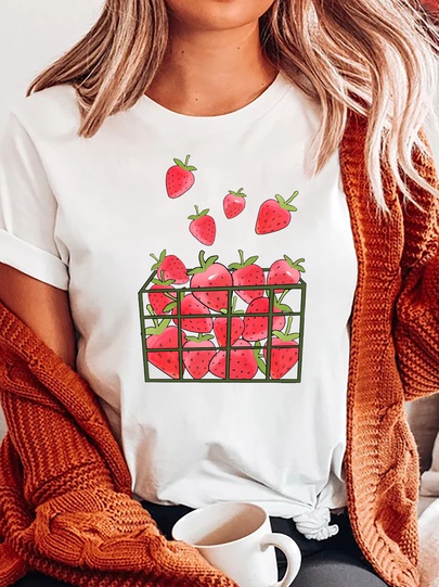 Casual Strawberry Polyester Round Neck Short Sleeve Regular Sleeve T-shirt