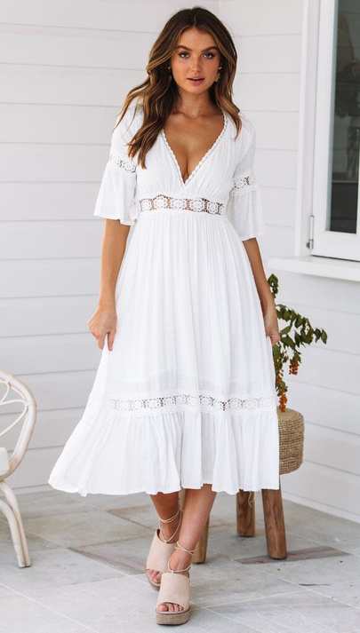 Women's A-line Skirt Sundress Ruffled Skirt Vacation Simple Style Classic Style V Neck Lace Half Sleeve Simple Solid Color Midi Dress Family Gathering Festival Cocktail Party