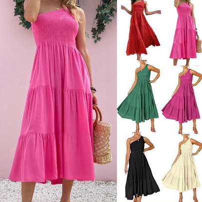 Women's Swing Dress Vacation Oblique Collar Patchwork Backless Sleeveless Solid Color Midi Dress Travel