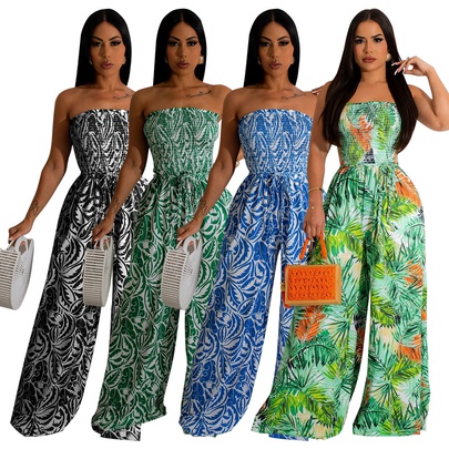 Women's Holiday Street Streetwear Leaf Full Length Printing Backless Jumpsuits