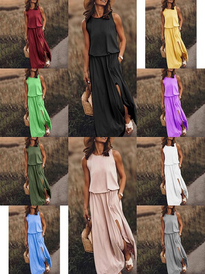 Women's Irregular Skirt Simple Style Round Neck Pocket Sleeveless Solid Color Maxi Long Dress Street