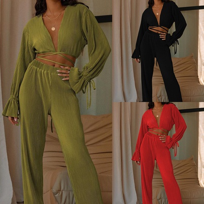Women's Casual Solid Color Polyester Pants Sets