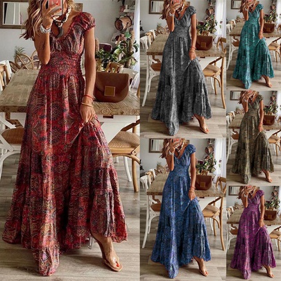 Vintage Style Bohemian Ditsy Floral V Neck Short Sleeve Printing Pleated Polyester Maxi Long Dress A-line Skirt