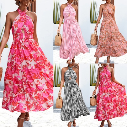 Women's Swing Dress Elegant Halter Neck Printing Sleeveless Gingham Maxi Long Dress Daily