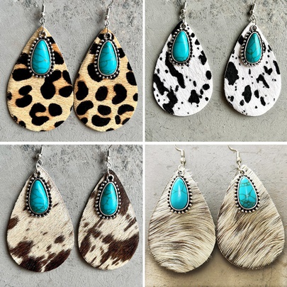 1 Pair Fashion Water Droplets Leopard Plating Inlay Alloy Leather Turquoise Drop Earrings