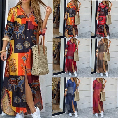 Women's Shirt Dress Fashion Turndown Printing Long Sleeve Geometric Maxi Long Dress Street