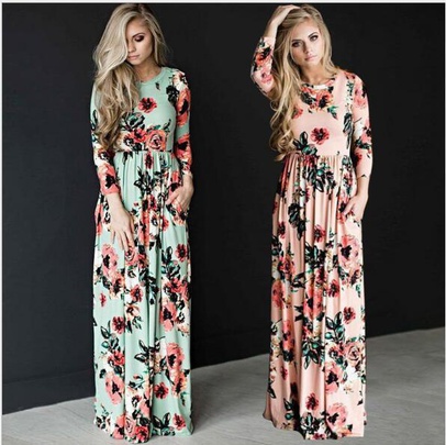 Women's Regular Dress Elegant Round Neck Printing Patchwork Short Sleeve Long Sleeve Flower Maxi Long Dress Daily