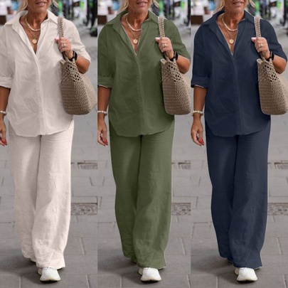 Women's Casual Solid Color Cotton Patchwork Pants Sets