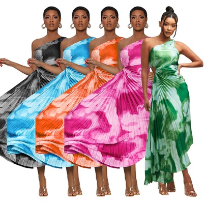 Women's Pleated Skirt Streetwear Oblique Collar Pleated Sleeveless Solid Color Maxi Long Dress Street
