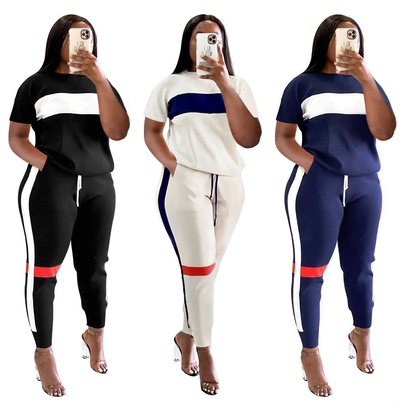 Women's Casual Color Block Polyester Patchwork Stripe Pants Sets