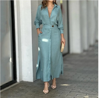 Women's Regular Dress Simple Style Shirt Collar Patchwork Long Sleeve Solid Color Maxi Long Dress Daily