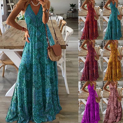 Women's Strap Dress Casual Vintage Style V Neck Printing Washed Backless Sleeveless Ditsy Floral Maxi Long Dress Daily