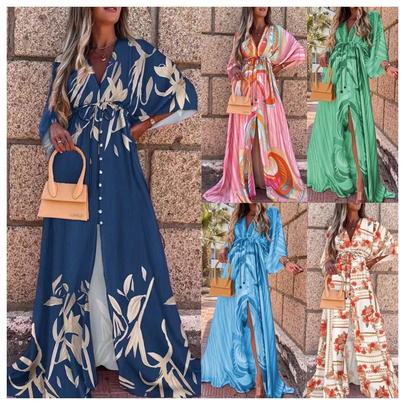 Women's Regular Dress Casual Elegant V Neck Printing Washed Button Long Sleeve Solid Color Maxi Long Dress Home Daily