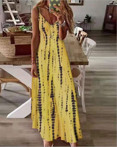 Women's Strap Dress Elegant Vintage Style Collarless Patchwork Washed Sleeveless Tie Dye Solid Color Maxi Long Dress Casual Home Daily