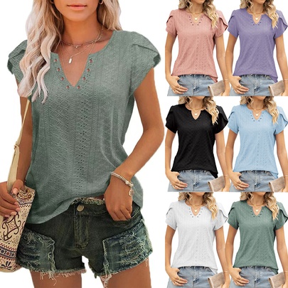 Women's T-shirt Short Sleeve T-shirts Button Hollow Out Casual Solid Color