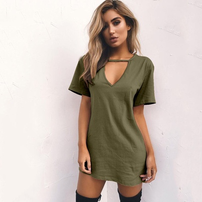 Women's Straight Skirt Simple Style V Neck Patchwork Short Sleeve Solid Color Above Knee Daily