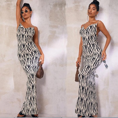 Women's Strap Dress Elegant V Neck Backless Sleeveless Zebra Stripe Maxi Long Dress Party Date