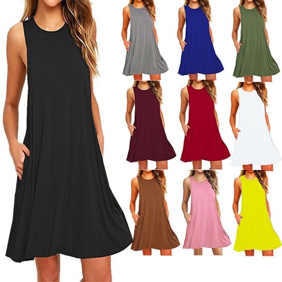 Women's Regular Dress Elegant Round Neck Patchwork Washed Sleeveless Solid Color Above Knee Casual Outdoor Daily