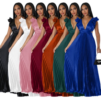 Women's Pleated Skirt Streetwear V Neck Sleeveless Solid Color Maxi Long Dress Street