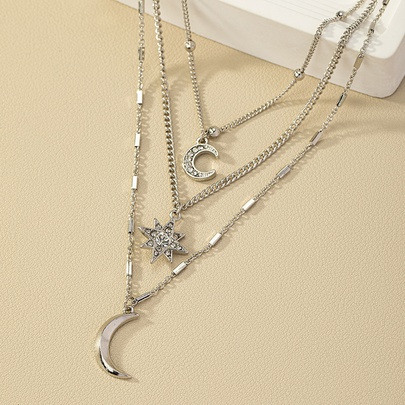 Wholesale Jewelry Casual Commute Star Moon Alloy Silver Plated Layered Necklaces