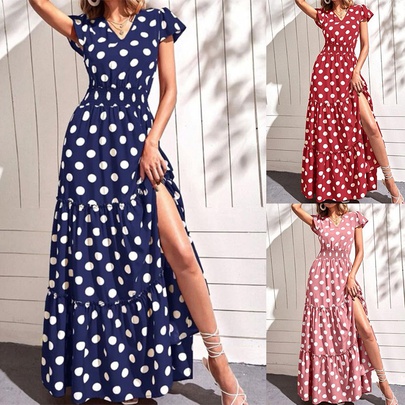 Women's A-line Skirt Elegant Classic Style V Neck Short Sleeve Polka Dots Maxi Long Dress Holiday