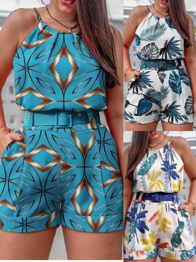 Women's Casual Vacation Leaf Polyester Printing Shorts Sets