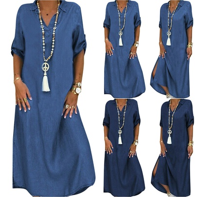 Women's Casual Shirt Collar Patchwork Half Sleeve Solid Color Maxi Long Dress Street