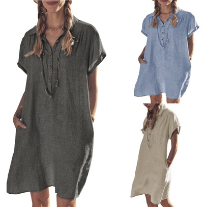 2022 Foreign Trade European And American New Cotton Linen Shirt Dress Pocket Dress Beach Dress Casual Skirt
