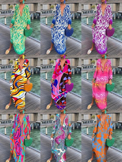 Women's Pencil Skirt Vacation Deep V Printing Long Sleeve Color Block Maxi Long Dress Travel