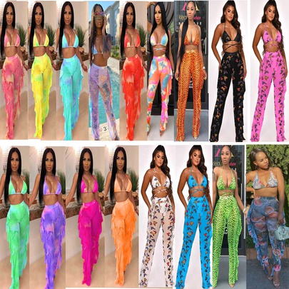 Women's Sexy Printing Polyester Printing Hollow Out Pants Sets