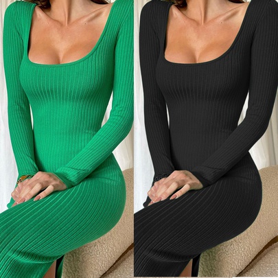 Sheath Dress Elegant U Neck Long Sleeve Solid Color Maxi Long Dress Business