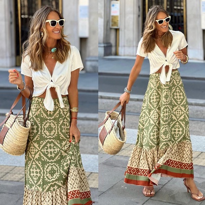 Summer Spring Classic Style British Style Geometric Polyester Maxi Long Dress Skirts