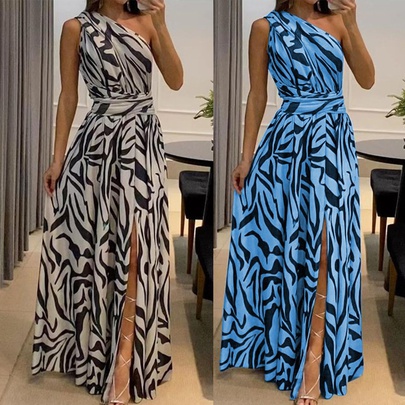 Women's Slit Dress Sexy Oblique Collar Patchwork Sleeveless Printing Maxi Long Dress Banquet