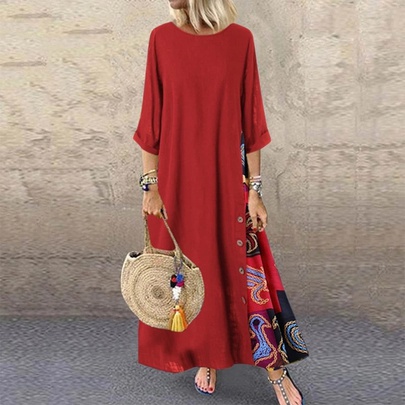 Swing Dress Casual Round Neck Printing Patchwork Contrast Binding 3/4 Length Sleeve Printing Maxi Long Dress Street