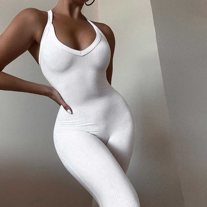 Women's Home Daily Casual Sexy Sports Solid Color Full Length Backless Jumpsuits