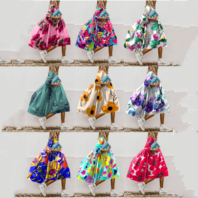 Women's Regular Dress Casual Bohemian Round Neck Printing 3/4 Length Sleeve Printing Midi Dress Daily