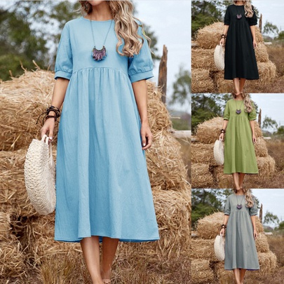 Women's A-line Skirt Basic Classic Style Round Neck Pleated Half Sleeve Solid Color Midi Dress Holiday