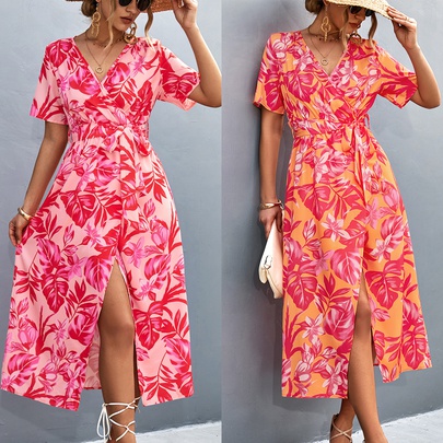 Women's A-line Skirt Elegant Vacation V Neck Printing Short Sleeve Ditsy Floral Midi Dress Holiday Travel
