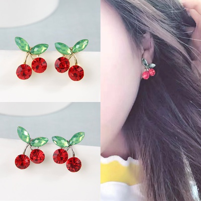 Cute Cherry Alloy Inlay Rhinestones Women's Ear Studs
