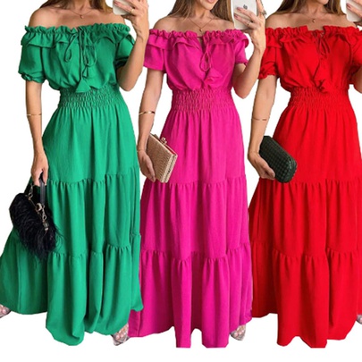 Women's Boho Dress Vacation Sexy Off Shoulder Pleated Short Sleeve Solid Color Maxi Long Dress Casual Holiday