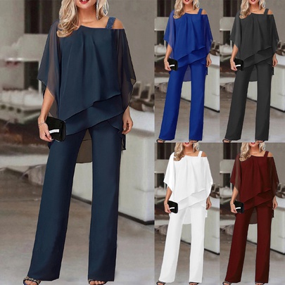 Women's Casual Classic Style Solid Color Polyester Chiffon Patchwork Pants Sets