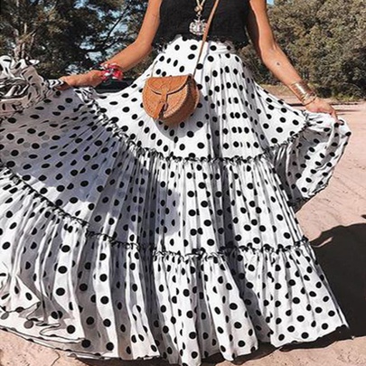 Summer Spring Casual Vintage Style Tropical Round Dots Polyester Maxi Long Dress Skirts
