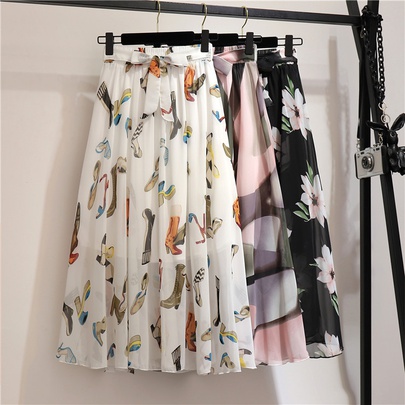 Summer Streetwear Ditsy Floral Polyester Chiffon Knee-length Skirts