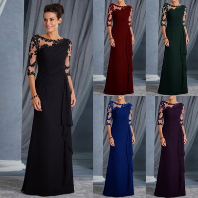 Women's Regular Dress Elegant Round Neck Lace 3/4 Length Sleeve Solid Color Maxi Long Dress Banquet Cocktail Party