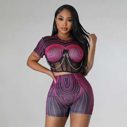 Women's Sexy Lines Spandex Polyester Printing Shorts Sets