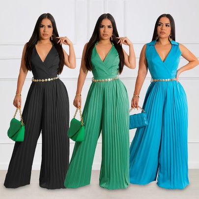 Women's Daily Casual Solid Color Full Length Patchwork Belt Jumpsuits