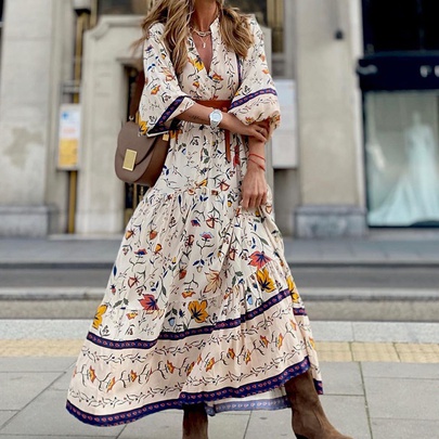 Women's Regular Dress Vintage Style Bohemian V Neck Printing 3/4 Length Sleeve Printing Maxi Long Dress Daily