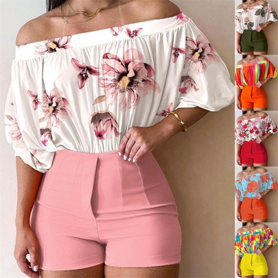 Women's Casual Stripe Flower Polyester Printing Shorts Sets