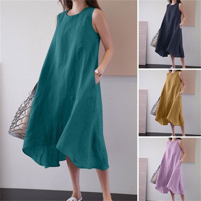 Women's Tank Dress Casual Round Neck Pocket Sleeveless Solid Color Midi Dress Daily