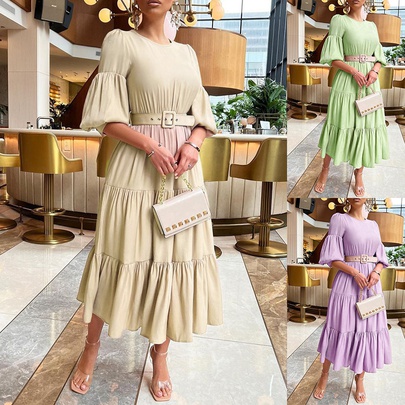 Women's Ruffled Skirt British Style Round Neck Patchwork Half Sleeve Solid Color Midi Dress Daily